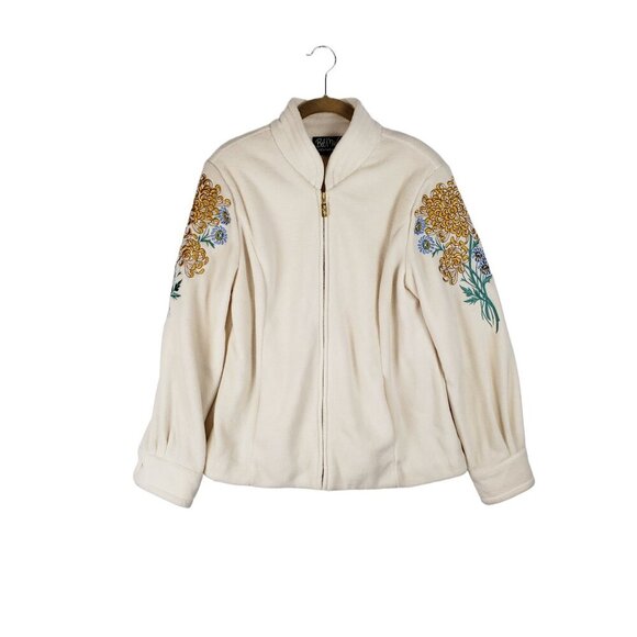Bob Mackie Embroidered Sleeve Jacket Cream Ivory Fleece Wearable Art Size Small - Picture 1 of 9